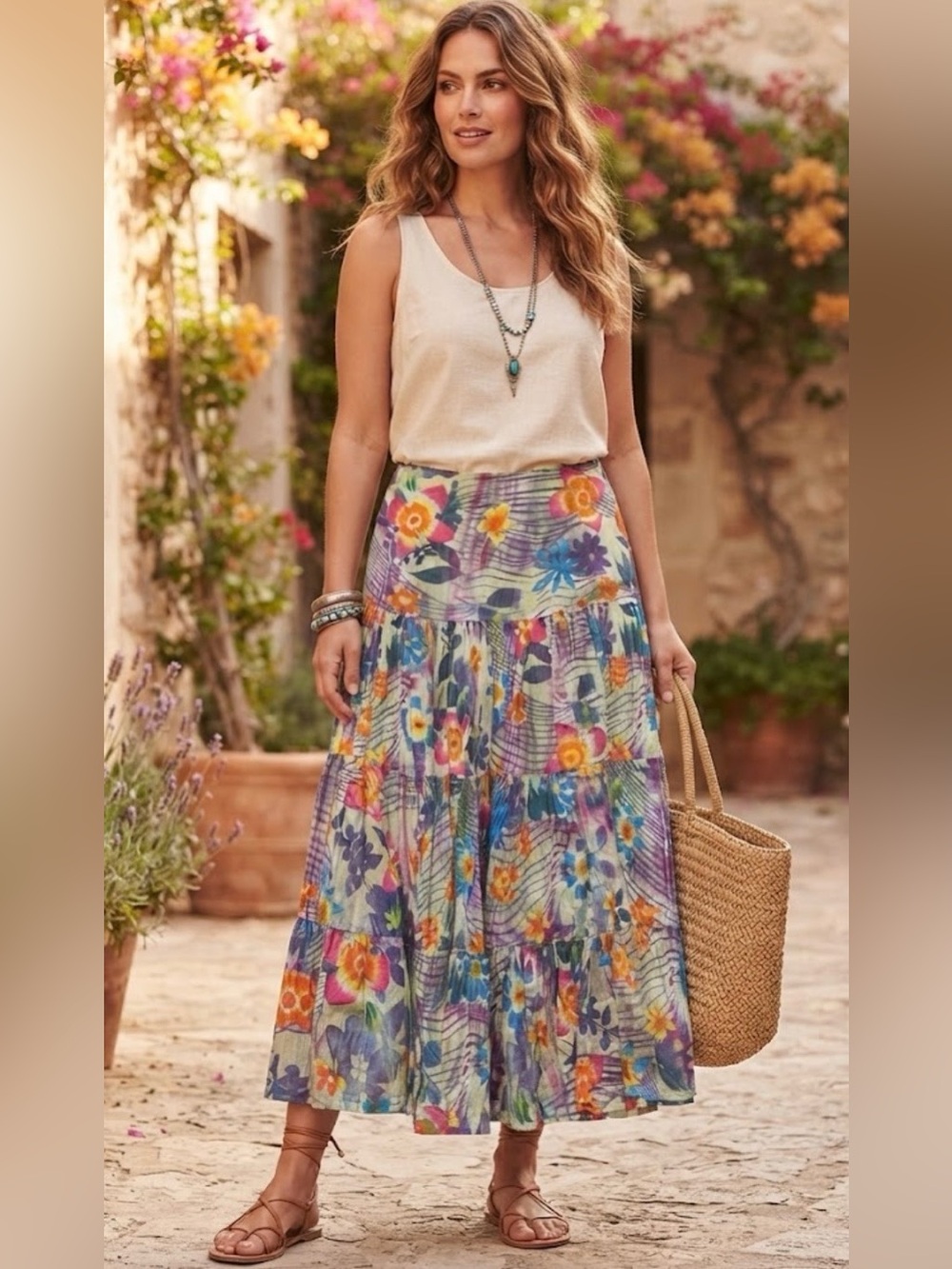 Bay Studio Multi Tiered Cotton Floral Maxi Skirt Boho Hippie Cottage Peasant L